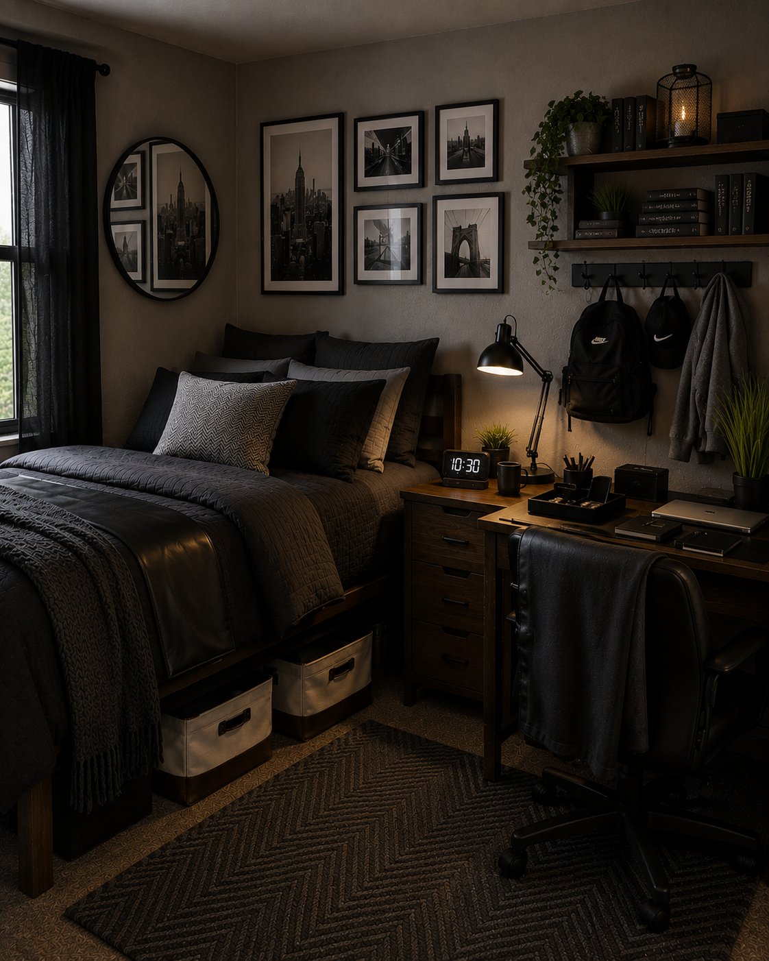 Boy's dorm room styled with dark tones and clean-lined furniture