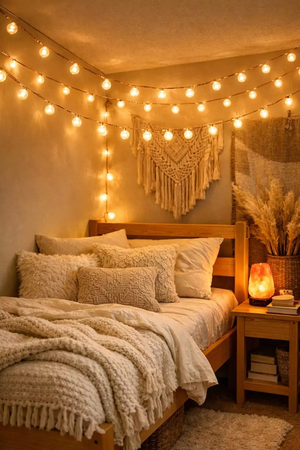 Girl's dorm room styled with soft textiles and warm color palette