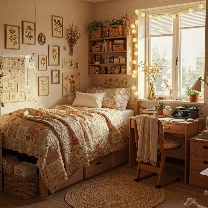 Cottagecore styled dorm room with floral decor and warm lighting