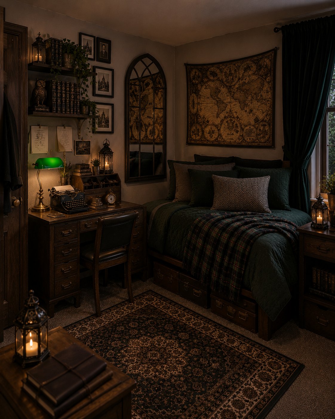 Dark academia styled dorm room with warm lamplight and deep color palette