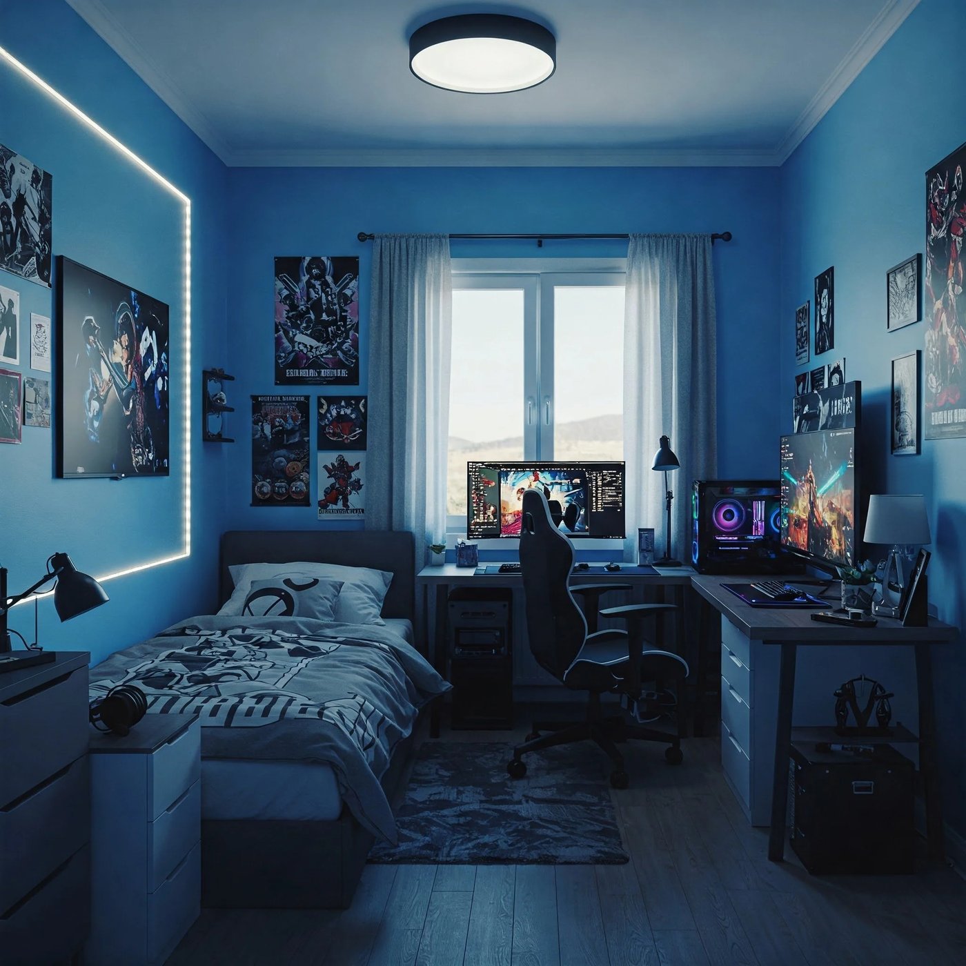 Gaming styled dorm room with RGB lighting and desk setup