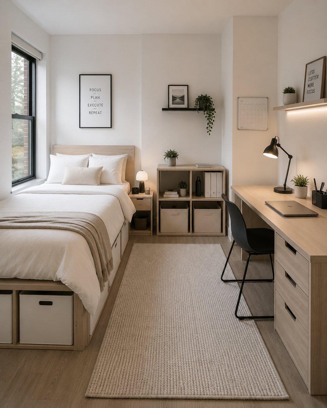 Small minimalist dorm room styled to feel more spacious