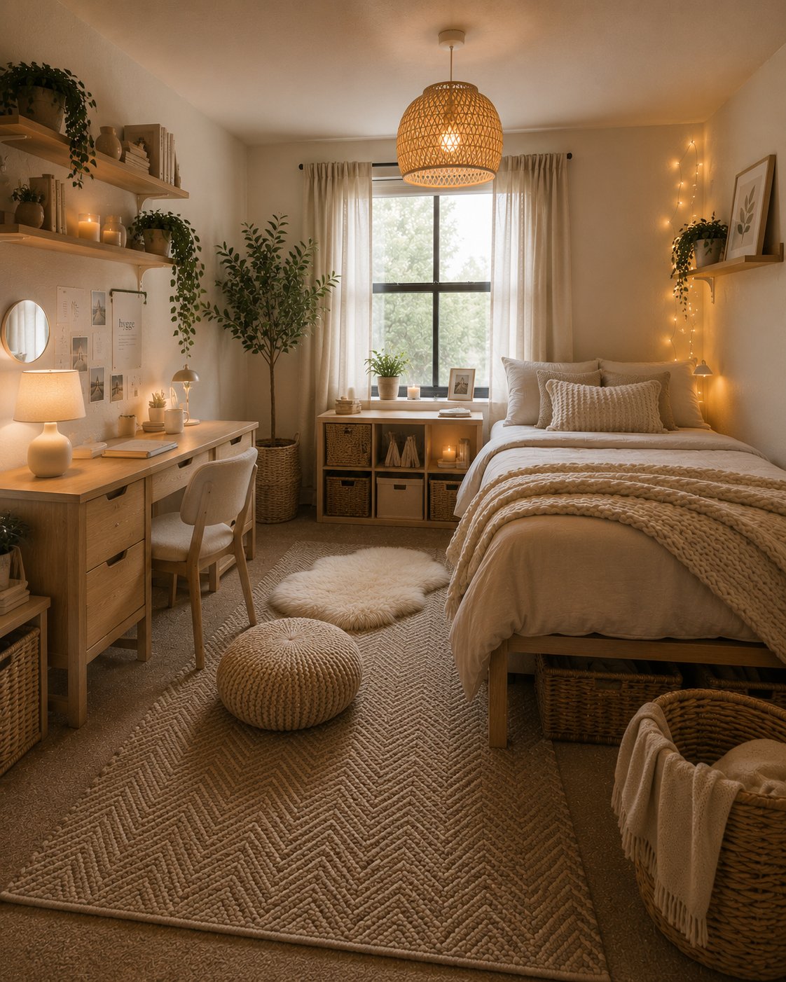 Scandinavian styled dorm room with light wood and neutral wool textures