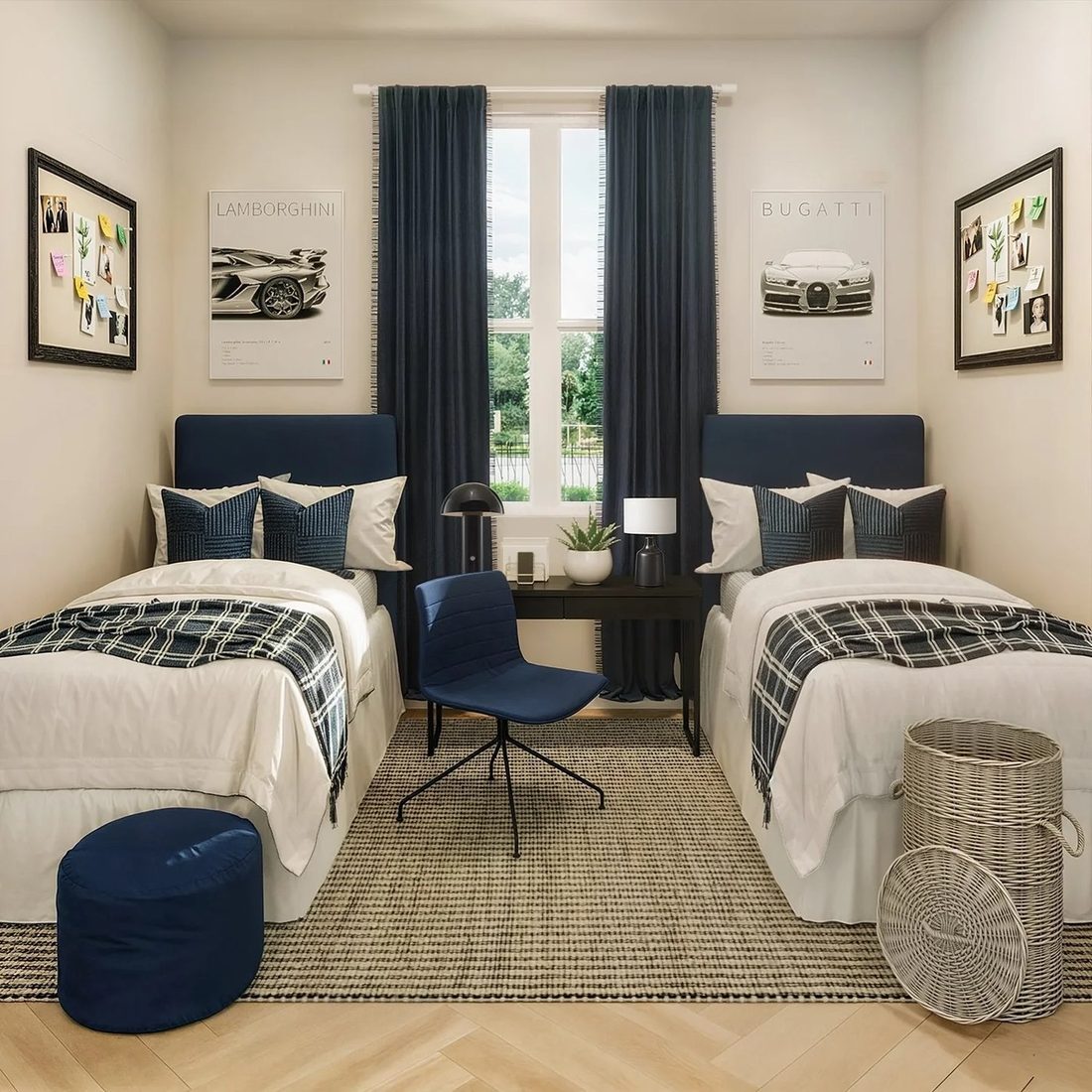 Sporty styled dorm room with team decor and organized gear