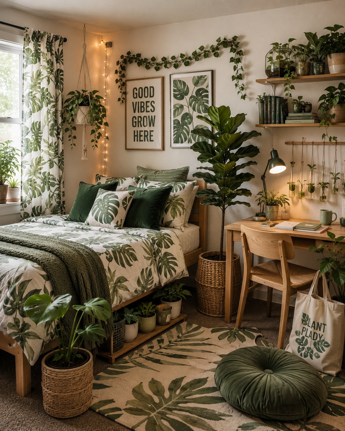 Urban jungle styled dorm room filled with layered green plants