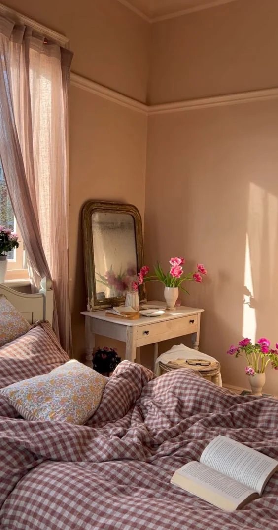 Vintage styled dorm room with warm tones and antique-look decor