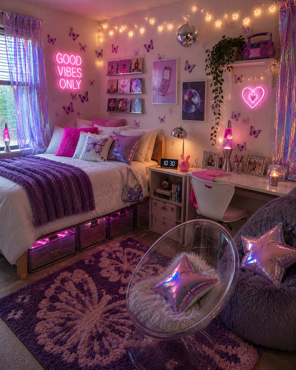 Y2K styled dorm room with chrome accents and colorful LED lighting