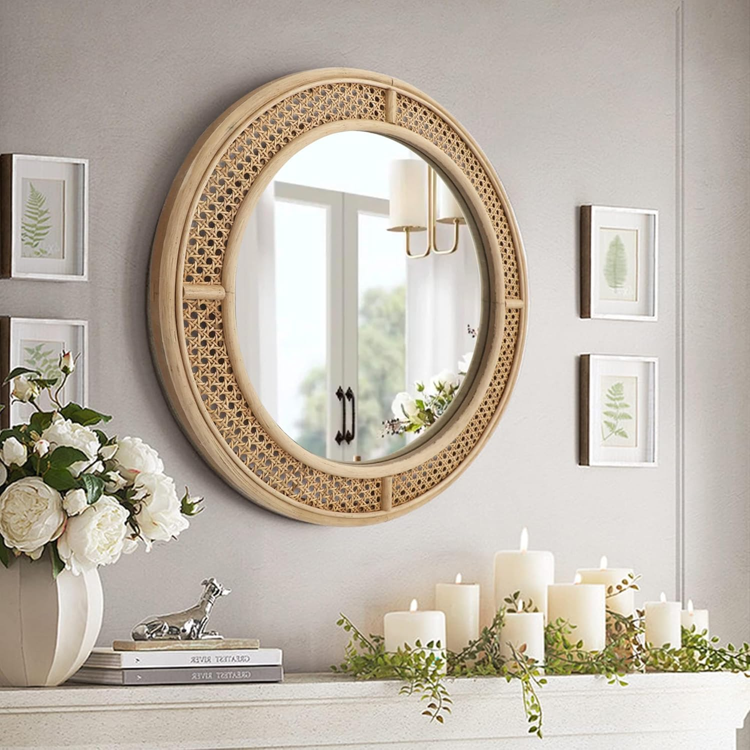 Round woven rattan wall mirror