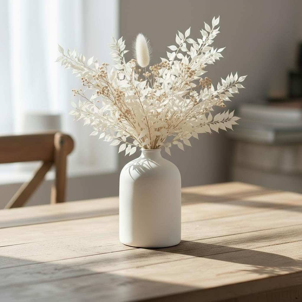 Matte white ceramic vase styled on a dorm desk with dried flowers