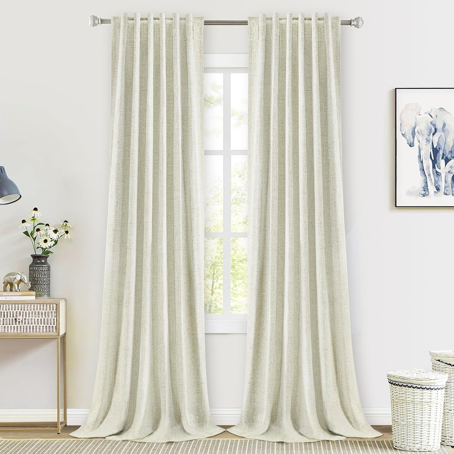 Neutral linen-look blackout curtains in a shared dorm room